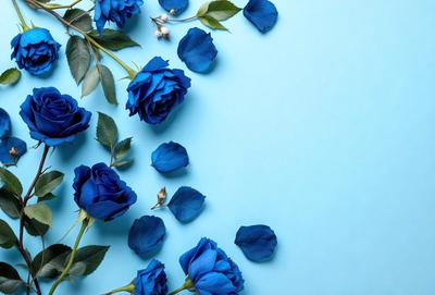 The primary subject of the image is a bouquet of blue flowers, which are scattered across a blue background. The flowers are arranged in a visually appealing manner, creating a sense of depth and dimension. The setting appears to be a studio or a controlled environment, as the flowers are not in a natural outdoor setting. The visual style of the image is a combination of photography and digital art, as the flowers are captured in a close-up shot, while the blue background adds a touch of digital artistry to the overall composition.