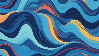 The primary subject of the image is a blue and yellow ocean wave. The setting is a blue ocean with a yellow and blue wave. The visual style is a digital art or illustration, creating a vibrant and dynamic scene. The dominant colors are blue and yellow, giving the image a lively and energetic atmosphere.