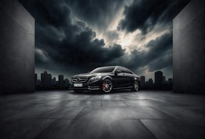 The primary subject of the image is a black Mercedes car. The setting is a cityscape with a large building in the background. The visual style is a photo, and the colors and mood are dark and moody, with the car being the main focus in the foreground.