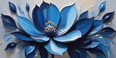 The primary subject of the image is a large blue flower with yellow centers. The setting is a painting, and the visual style is a combination of digital art and illustration. The dominant colors are blue and yellow, creating a serene and calming atmosphere.