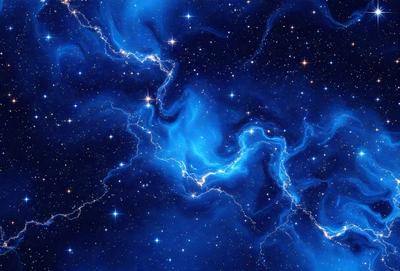 The primary subject of the image is a blue, swirling, and sparkling nebula. The setting is a dark, star-filled sky, with the nebula as the main focus. The visual style is a combination of a photo and digital art, creating a vibrant and dynamic scene. The dominant colors are blue and white, with the blue nebula and white stars creating a sense of depth and movement in the image.
