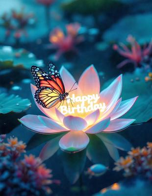The primary subject of the image is a butterfly sitting on top of a flower. The setting is a pond with water, and the visual style is a digital art or illustration. The colors and mood of the image are predominantly blue and serene, creating a peaceful and calming atmosphere.
