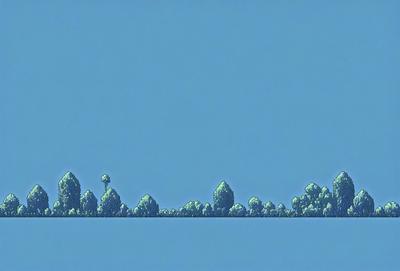The primary subject of the image is a blue sky with a few trees in the distance. The setting is a vast, open space with no visible landmarks or structures. The visual style is a digital art or illustration, creating a sense of depth and tranquility. The colors are predominantly blue, with some green from the trees, and the overall atmosphere is serene and peaceful.