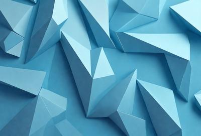 The primary subject of the image is a blue wall with a pattern of triangles. The setting is a room with a blue background, and the visual style appears to be a digital art or illustration. The dominant colors are blue and white, creating a calm and soothing atmosphere.