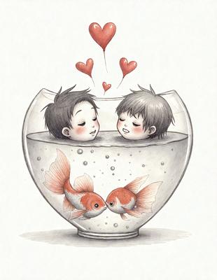 The primary subject of the image is a glass bowl filled with water, containing two fish. The fish are positioned in such a way that they appear to be kissing each other. The setting is a simple, clean environment, with the focus on the fish and the bowl. The visual style is a combination of digital art and illustration, creating a whimsical and playful atmosphere. The colors are predominantly shades of blue and white, which contribute to the overall mood of the image.