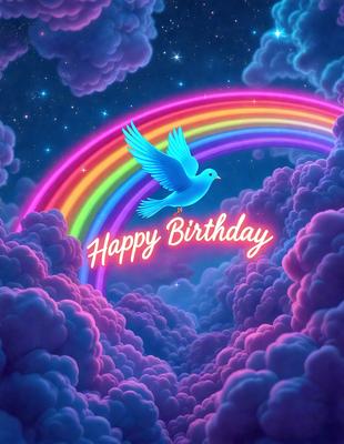 The primary subject of the image is a bird, specifically a blue bird, flying through a colorful, cloudy sky. The setting is a vibrant, pink and blue background, which adds to the overall atmosphere of the scene. The visual style of the image is a digital art or illustration, showcasing the bird in a whimsical and imaginative manner. The colors and mood of the image are lively and cheerful, with the blue bird and the colorful clouds creating a sense of joy and celebr