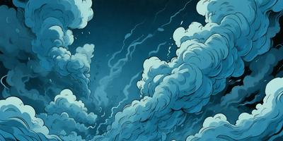 The primary subject of the image is a cloudy sky with a blue background. The sky is filled with various cloud formations, creating a dynamic and visually appealing scene. The visual style of the image is a combination of digital art and illustration, giving it a unique and artistic appearance. The colors in the image are predominantly blue, creating a calm and serene atmosphere.