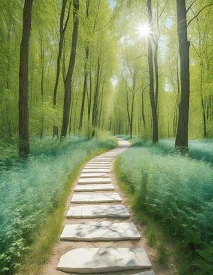 The primary subject of the image is a pathway surrounded by trees and grass. The setting is a forest with a sunny day, creating a serene and natural atmosphere. The visual style is a photo, capturing the beauty of the forest and the pathway. The colors and mood are predominantly green, with the sunlight creating a warm and inviting ambiance.