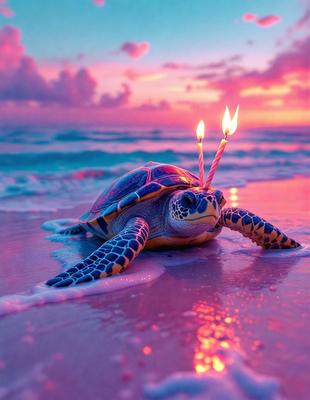 The primary subject of the image is a turtle with a birthday candle on its head. The turtle is laying on a beach, which serves as the setting and background of the scene. The visual style of the image is a photo, capturing the turtle and the candle in a realistic manner. The colors and mood of the image are predominantly pink, creating a warm and celebratory atmosphere.