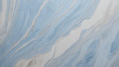 The primary subject of the image is a blue and white marble tile. The setting is a wall with the tile as the main object. The visual style is a close-up of the tile, showcasing its intricate design. The dominant colors are blue and white, creating a clean and elegant atmosphere.
