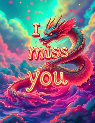 Primary subject: A red and blue dragon with a message on it.

Setting/background: A colorful, cloudy sky.

Visual style: Digital art.

Colors and mood: The dragon is predominantly red and blue, with a vibrant and lively atmosphere.