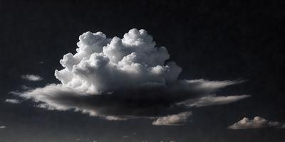 The primary subject of the image is a large, fluffy white cloud. The cloud is the main object, scene, or focus of the image. The setting is a dark sky, which provides a contrasting backdrop for the cloud. The visual style of the image is a photo, capturing the cloud in its natural environment. The cloud is the dominant feature in the image, with its fluffy texture and white color creating a sense of depth and movement.