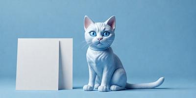 The primary subject of the image is a white cat sitting on a blue surface. The cat appears to be staring at a white box, possibly a cardboard box. The setting is a room with a blue background, which adds to the overall atmosphere of the image. The visual style is a combination of photo and digital art, creating a realistic yet artistic representation of the cat and its surroundings.