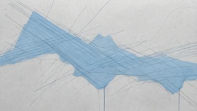 The primary subject of the image is a blue line or a blue object, which is the main focus of the image. The setting or background consists of a white surface, possibly a wall or a piece of paper. The visual style of the image is a combination of a photo and a drawing, as it appears to be a photograph of a hand-drawn blue line. The colors and mood of the image are predominantly blue, creating a calm and serene atmosphere.