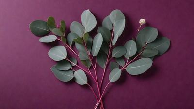 The primary subject of the image is a large green leafy plant with purple stems. The plant is placed on a purple background, which creates a striking contrast with the green leaves. The visual style of the image is a close-up of the plant, showcasing its details and texture. The colors and mood of the image are vibrant and lively, with the purple stems adding a touch of elegance to the overall composition.