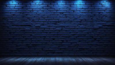 The primary subject of the image is a brick wall with a blue background. The setting is a dark room, and the visual style appears to be a photo. The dominant colors are blue and grey, creating a moody atmosphere.