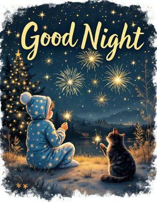 The primary subject of the image is a young child sitting on the ground, holding a sparkler. The setting is a nighttime scene with a backdrop of a starry sky. The visual style is a digital art illustration, creating a warm and cozy atmosphere. The colors are predominantly dark, with the sparkler providing a touch of brightness.