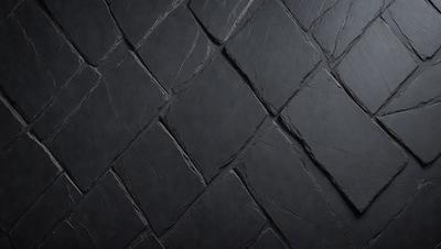 The primary subject of the image is a close-up of a black tile floor. The setting is a dark room, and the visual style is a photo. The dominant colors are black and grey, creating a moody atmosphere.