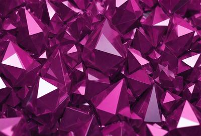 The primary subject of the image is a large pile of purple triangles. The setting is a dark background, which contrasts with the bright purple color of the triangles. The visual style appears to be a combination of digital art and illustration, creating a unique and eye-catching pattern. The dominant colors and overall atmosphere of the image are purple and dark, giving it a moody and dramatic feel.