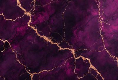 The primary subject of the image is a purple wall with a pattern of lightning bolts. The setting is a room with a purple background, and the visual style is a close-up of the wall. The colors and mood of the image are predominantly purple, creating a dramatic and striking atmosphere.