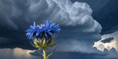 The primary subject of the image is a single blue flower, which is the main focus of the scene. The setting is a cloudy sky, with the flower standing out against the backdrop. The visual style of the image is a photo, capturing the beauty of the flower in its natural environment. The dominant colors in the image are blue and gray, creating a calm and serene atmosphere.