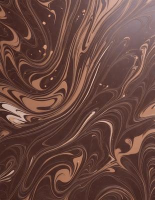 The primary subject of the image is a close-up of a chocolate-covered surface, possibly a cake or a piece of chocolate art. The setting is a dark background, which contrasts with the rich brown color of the chocolate. The visual style appears to be a close-up of a textured surface, possibly a pattern or a texture, with a focus on the chocolate. The colors and mood of the image are predominantly dark and rich, with the chocolate being the