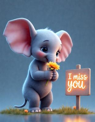 The primary subject of the image is a cute cartoon elephant holding a yellow flower. The setting is a grassy field, and the visual style is digital art. The colors are predominantly yellow and pink, creating a cheerful and warm atmosphere.