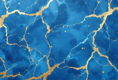 The primary subject of the image is a blue and gold patterned wallpaper. The setting is a blue and gold wall, which serves as the background. The visual style is a combination of digital art and illustration, creating a unique and eye-catching design. The dominant colors are blue and gold, giving the wallpaper a luxurious and elegant appearance.