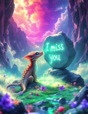 The primary subject of the image is a small, colorful dragon sitting on a grassy hillside. The dragon appears to be looking at a large rock with the words "I miss you" written on it. The setting is a lush, green landscape with a sky visible in the background. The visual style of the image is a digital art or illustration, creating a whimsical and imaginative atmosphere. The dominant colors are green, purple, and pink, giving the scene a vibrant and cheerful