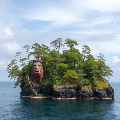 The primary subject of the image is a rock island with a large stone face carved into it. The island is surrounded by water, and it appears to be a natural formation. The setting/background consists of the ocean, and the visual style is a photo. The colors and mood of the image are predominantly blue, with the rock face and water creating a serene and peaceful atmosphere.