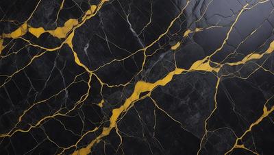 The primary subject of the image is a black and yellow marble countertop. The setting is a kitchen, with the countertop being the main focus of the scene. The visual style is a close-up of the marble countertop, showcasing its unique pattern and texture. The dominant colors are black and yellow, creating a striking contrast between the two. The overall atmosphere of the image is elegant and sophisticated, reflecting the luxurious and high-quality material of the marble countertop.