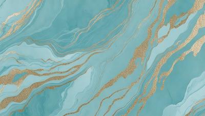 The primary subject of the image is a blue and gold marbled wallpaper. The setting is a bathroom, with the wallpaper covering the walls. The visual style is a patterned design, giving the bathroom a unique and elegant appearance. The dominant colors are blue and gold, creating a calming and luxurious atmosphere.