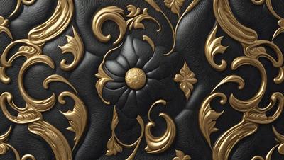 The primary subject of the image is a decorative design featuring a gold and black color scheme. The design is likely a part of a bedspread or a wallpaper, as it is described as a "gold and black bedspread" and a "gold and black wallpaper." The setting is a bedroom, as the design is placed on a bedspread. The visual style is a combination of digital art and illustration, as the design is described as both. The colors and mood of the image are elegant and
