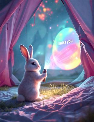 The primary subject of the image is a cute bunny rabbit. The setting is a bedroom with a bed and a curtain. The visual style is digital art, and the colors and mood are bright and cheerful.