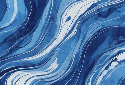 The primary subject of the image is a blue and white ocean wave. The setting is the ocean, with the wave being the main focus of the image. The visual style is a painting, which gives the image a more artistic and creative appearance. The dominant colors are blue and white, creating a serene and calming atmosphere.