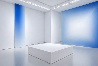 The primary subject of the image is a white square or platform, which is the main object in the scene. The setting is a white room with a blue wall, and the visual style appears to be a photo. The colors and mood of the image are predominantly white and blue, creating a clean and minimalist atmosphere.