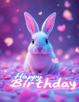 The primary subject of the image is a white rabbit sitting on a bed of pink flowers. The setting is a bedroom, with a pink background and a purple heart-shaped sign. The visual style is a digital art illustration, featuring a cute and colorful scene. The dominant colors are pink and white, creating a warm and cheerful atmosphere.