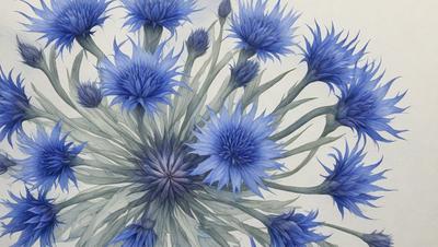 The primary subject of the image is a close-up of a blue flower, possibly a hydrangea, with a purple center. The setting is a white background, which provides a clean and minimalist look. The visual style is a combination of a photo and a drawing, creating a realistic yet artistic representation of the flower. The dominant colors are blue and purple, giving the image a calm and serene atmosphere.
