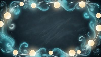 The primary subject of the image is a blue and white chalkboard with a blue frame. The setting is a dark room, and the visual style is a digital art or illustration. The dominant colors are blue and white, creating a calm and serene atmosphere.