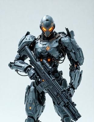 The primary subject of the image is a robotic figure, possibly a futuristic warrior or a cyborg, holding a weapon. The setting is a white background, which provides a clean and minimalist appearance. The visual style is a combination of digital art and illustration, creating a detailed and realistic representation of the robotic figure. The colors and mood of the image are predominantly silver and metallic, giving it a sleek and modern feel.