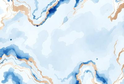 The primary subject of the image is a blue and white cloudy sky. The setting is a cloudy sky with a blue background. The visual style is a watercolor painting, giving the image a vibrant and artistic appearance. The dominant colors are blue and white, creating a serene and calming atmosphere.