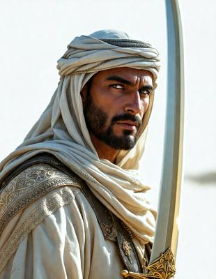 The primary subject of the image is a man wearing a white robe and a white turban. He is holding a sword in his hand, and his gaze is directed towards the camera. The setting appears to be a desert-like environment, with a sandy surface visible in the background. The visual style of the image is a combination of photo and digital art, creating a realistic yet artistic representation of the man and his surroundings. The colors in the image are predominantly neutral, with the white robe and