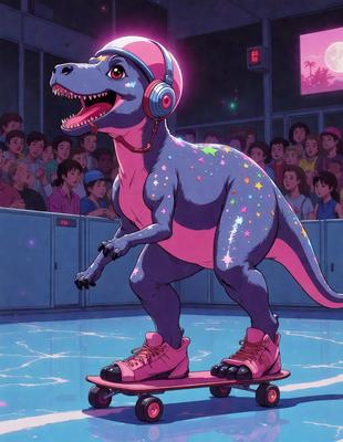 The primary subject of the image is a cartoon dinosaur riding a skateboard. The dinosaur is wearing a pink hat and has stars on its body. The setting is a stage with a crowd of people watching the dinosaur perform. The visual style is a comic or cartoon illustration. The colors are predominantly pink and purple, giving the scene a fun and playful atmosphere.