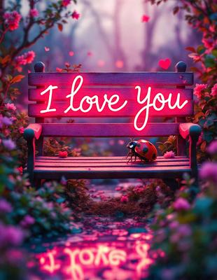 The primary subject of the image is a ladybug sitting on a wooden bench. The setting is a garden with pink flowers surrounding the bench. The visual style is a digital art illustration, creating a whimsical and charming atmosphere. The dominant colors are pink and green, with the ladybug being predominantly green.
