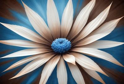 The primary subject of the image is a large, colorful flower with a blue center. The flower is the main focus of the image, and it is set against a blue background. The visual style of the image is a combination of photo and digital art, creating a vibrant and lively atmosphere. The dominant colors in the image are blue and white, with the blue center of the flower being the most prominent feature.