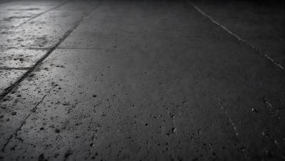 The primary subject of the image is a concrete floor. The setting is a dark room, and the visual style is a photo. The colors and mood of the image are dark and moody, with the concrete floor being the main focus.