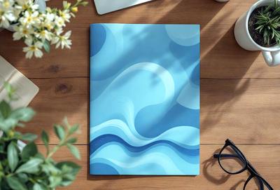 The primary subject of the image is a blue and white book cover. The setting is a wooden table with a laptop and a cup on it. The visual style is a combination of digital art and illustration. The dominant colors are blue and white, creating a calm and soothing atmosphere.