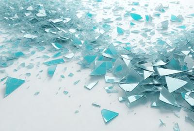 The primary subject of the image is a large pile of broken glass, which is scattered across a white surface. The setting appears to be a workspace or a place where the glass was broken. The visual style of the image is a close-up of the broken glass, showcasing the various shapes and sizes of the pieces. The colors and mood of the image are predominantly white, with the broken glass pieces adding a sense of chaos and disorder to the scene.