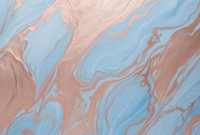 The primary subject of the image is a blue and brown swirling pattern, which appears to be a painting or a digital artwork. The setting is a blue background, and the visual style is a combination of photo and digital art. The dominant colors are blue and brown, creating a mood of depth and intrigue.