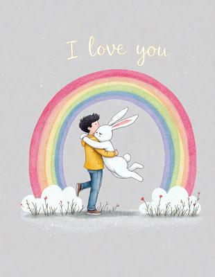 The primary subject of the image is a young boy holding a white bunny rabbit. The setting is a field with a rainbow in the background, creating a colorful and lively atmosphere. The visual style is a combination of digital art and illustration, giving the scene a whimsical and playful appearance. The dominant colors are pink, white, and yellow, which are associated with the rainbow and the overall mood of the image.